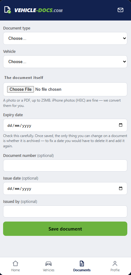Add a document form